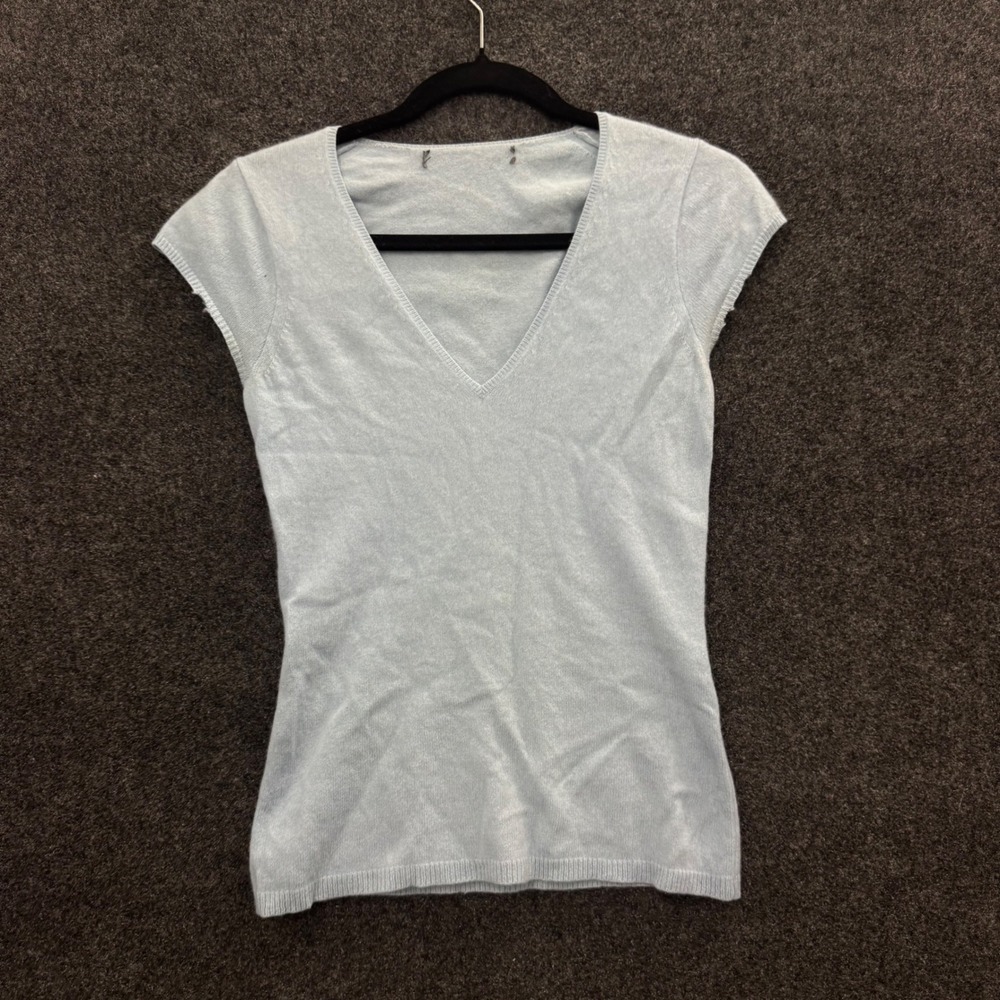 100% Cashmere V-Neck Short Sleeve Sweater Light Blue Knit Top RN 55455